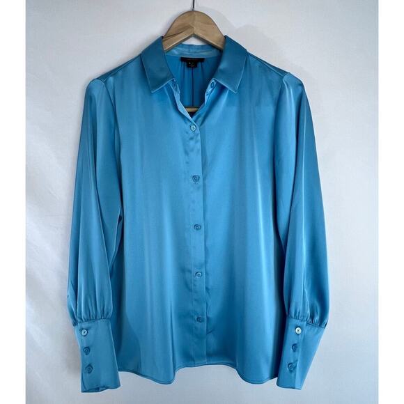 Halogen Solid Button-Up Shirt Women's Medium Blue Long Sleeve Business Career - Picture 3 of 8